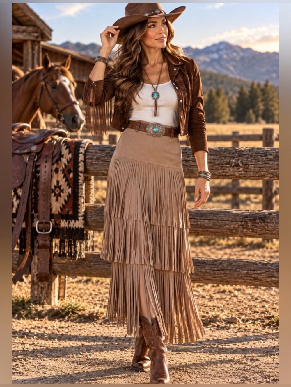 Tiered Fringe Maxi Skirt - Soft Beige faux Suede.